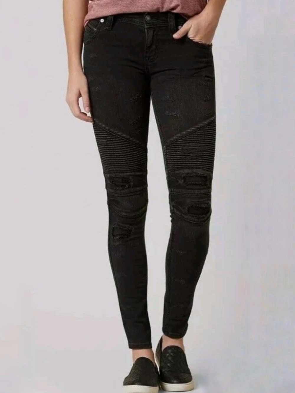 Rock Revival Moto Nelrose Skinny Jeans Washed Black Women's 29 Low Rise Denim